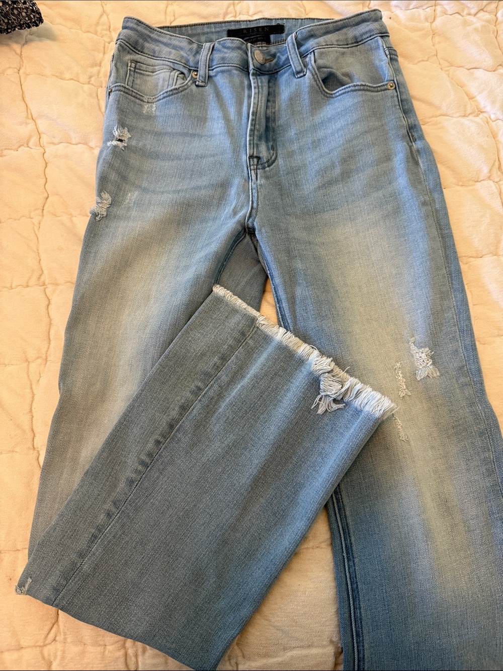 Light Wash Distressed Women's Flare Jeans - Picture 3 of 4